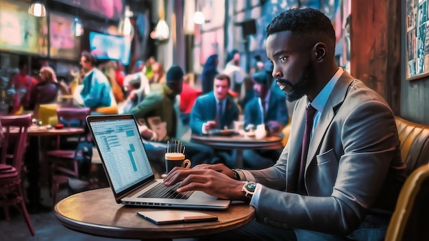 homem de negócios afro-americano usando um laptop em um café