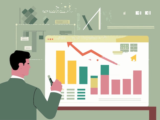 homem de negócios analisando gráficos financeiros durante o processo de trabalho ilustração vetorial plano 2