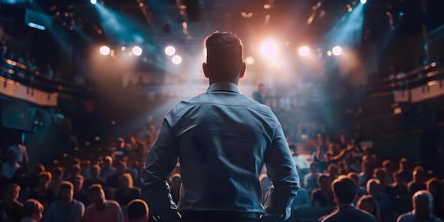 Homem de negócios apresentando em conferência envolvendo o público com discurso dinâmico apresentando tecnologia em um evento de rali convincente Presentação de tecnologia de conceito Discussão dinâmica envolvendo a audiência