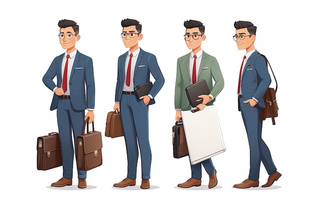 Homem de negócios asiático conceito de personagem de desenho animado em roupas de estilo de escritório homem de negócios bonito segura maleta e laptop