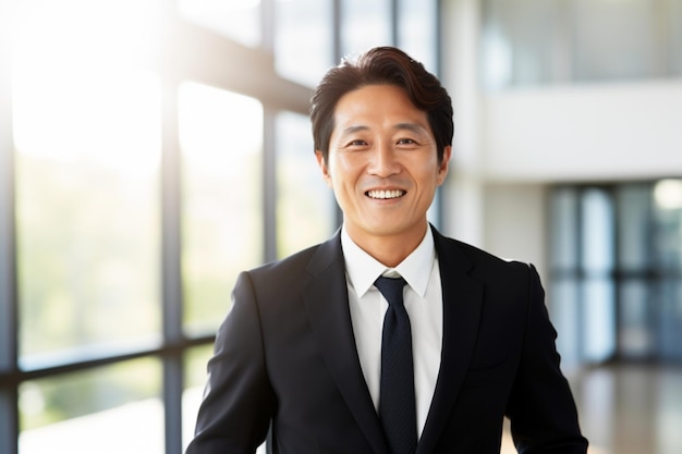 Homem de negócios asiático de meia-idade em terno preto com expressão feliz