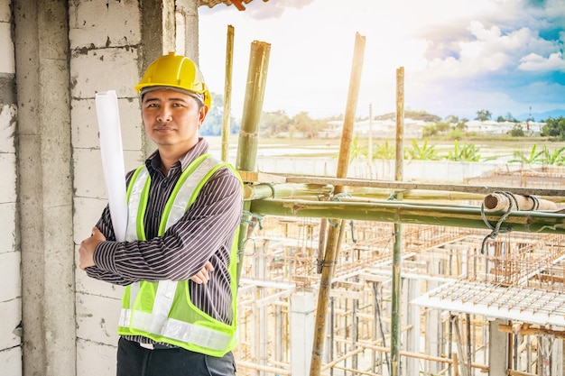 Homem de negócios asiáticos engenheiro de construção trabalhador em capacete protetor e projetos de papel por lado