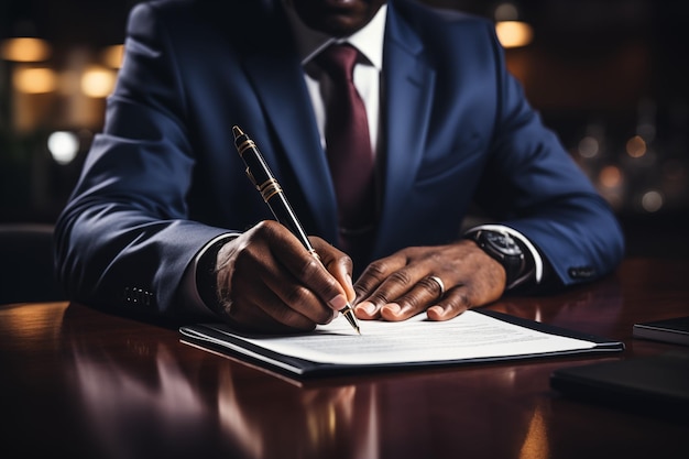 Homem de negócios assina contrato no escritório.