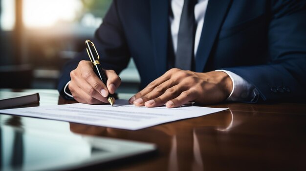 Homem de negócios assinando um contrato Closeup de um homem assinando um documento