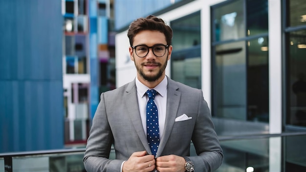 Homem de negócios bonito, bonito, de fato de escritório cinzento.