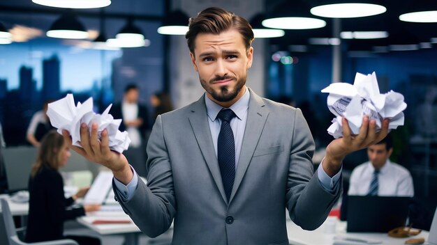 Homem de negócios bonito bonito homem de fato de escritório cinza e gravata confuso segurando folhas de papel