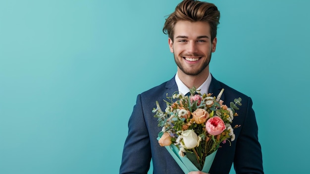 homem de negócios bonito com buquê de flores em fundo vívido minimalista com espaço de cópia