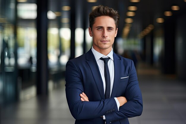 Homem de negócios bonito cruzando os braços sorrindo ao ar livre do prédio da empresaDia no trabalhoempreendedor