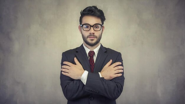 Homem de negócios bonito de fato e óculos de braços cruzados peito e olhar