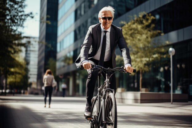 Homem de negócios bonito de meia-idade andando de bicicleta do lado de fora de edifícios Conceito de transporte ecológico