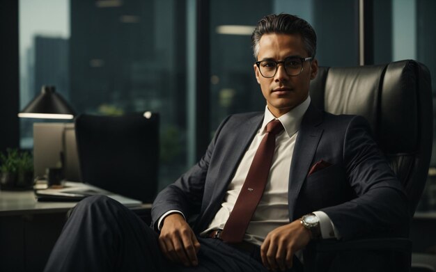 Homem de negócios bonito de terno e óculos sentado em uma cadeira de escritório