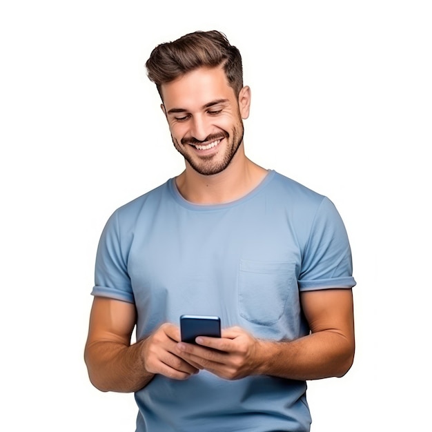 Homem de negócios bonito em camiseta azul com celular isolado