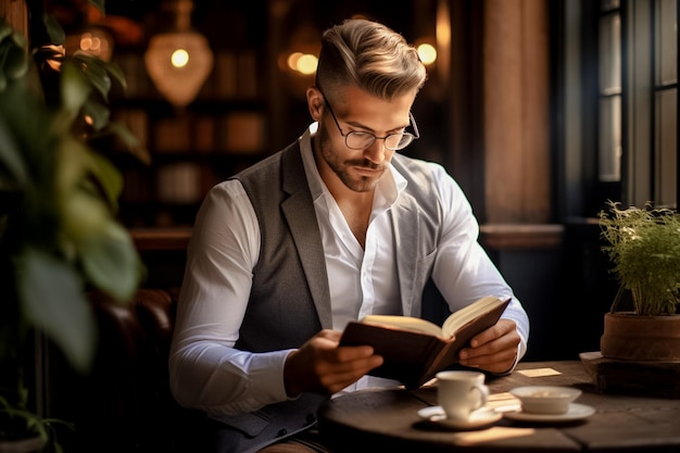 Homem de negócios bonito lendo livro tomar um café estilo de vida bem sucedido e profissional AI gerado