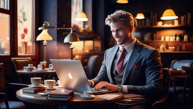 Homem de negócios bonito num café com um portátil.