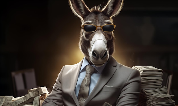 Foto homem de negócios burro de fato e óculos de sol mídia mista