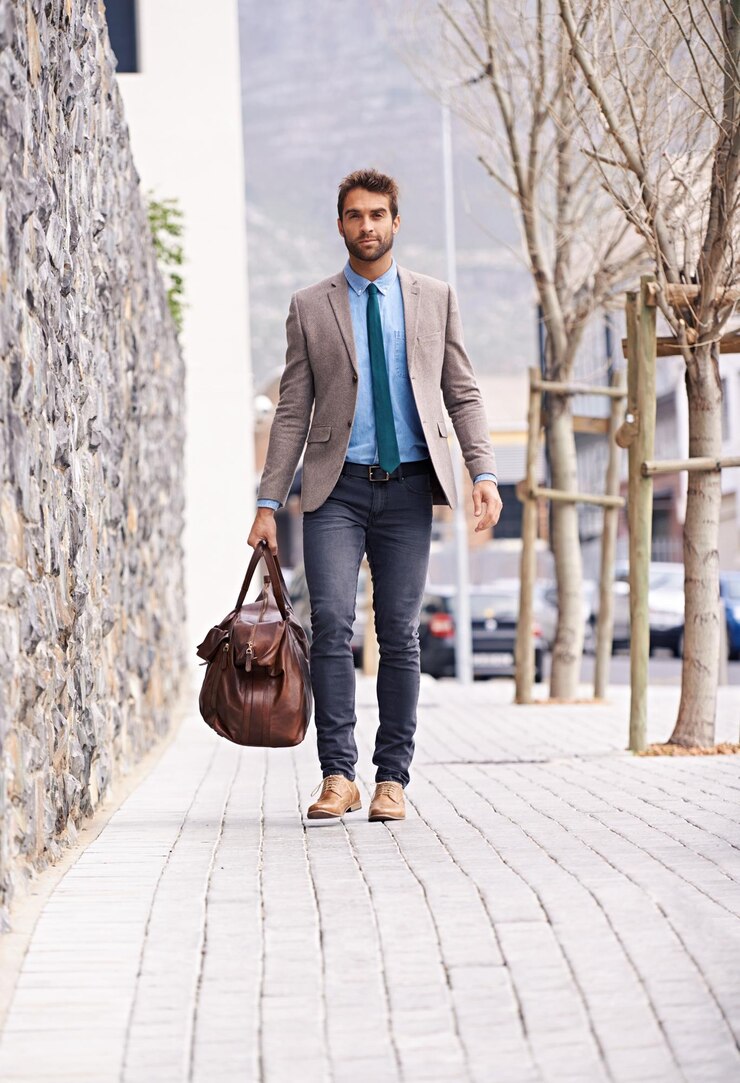 Foto homem de negócios caminhando e bolsa para viagens na cidade corporativa e empreendedor como carreira pessoa de negócios profissional e ao ar livre com consultor de vendas de ar fresco e deslocamento para projeto de startup