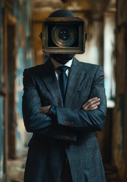Homem de negócios com câmara vintage em vez de cabeça