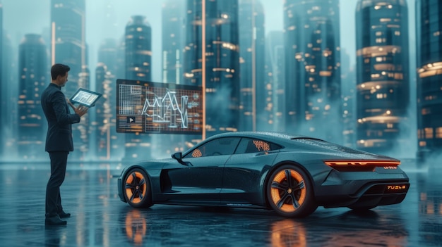 Homem de negócios com carro futurista e interface digital em uma paisagem urbana chuvosa