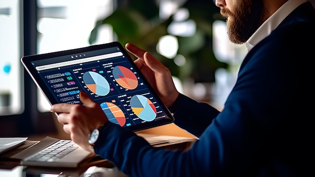 Homem de negócios com tablet na mão olhando para o painel de gráficos infográficos