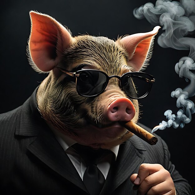 Foto homem de negócios com um coelho banco ai imagem porco em um terno porco fumaça
