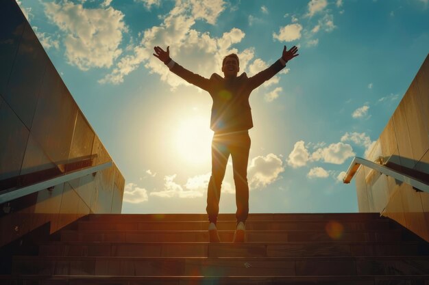 Foto homem de negócios comemora o sucesso nas escadas à luz do sol alcançando objetivos