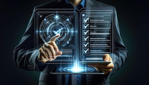 Homem de negócios completando tarefas em uma interface de lista de verificação holográfica futurista
