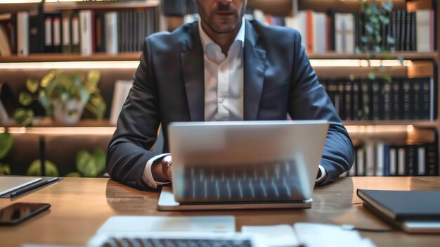 Foto homem de negócios confiante a trabalhar num portátil num escritório moderno