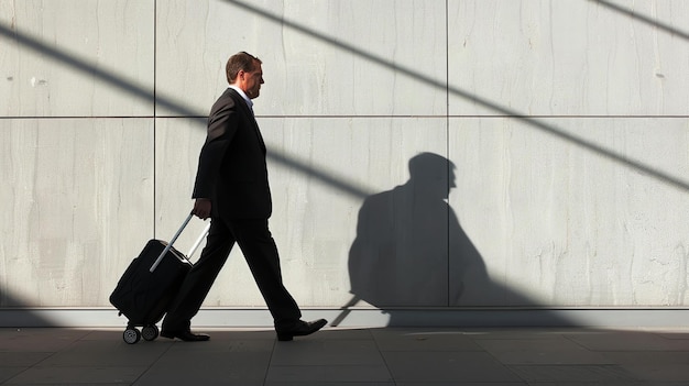 Homem de negócios confiante de fato caminhando com bagagem no terminal do aeroporto
