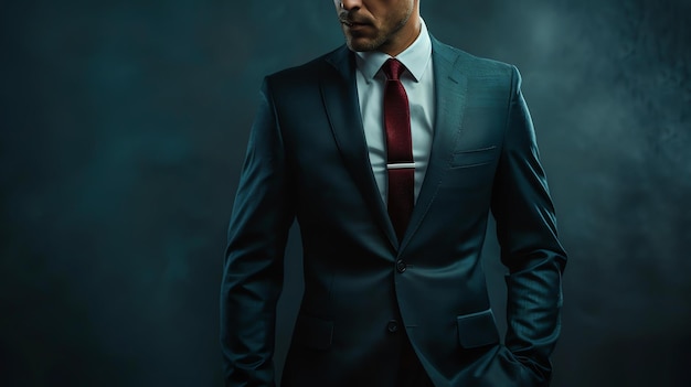 Homem de negócios confiante de terno e gravata Ele está de pé com as mãos nos bolsos olhando para a câmera com uma expressão séria