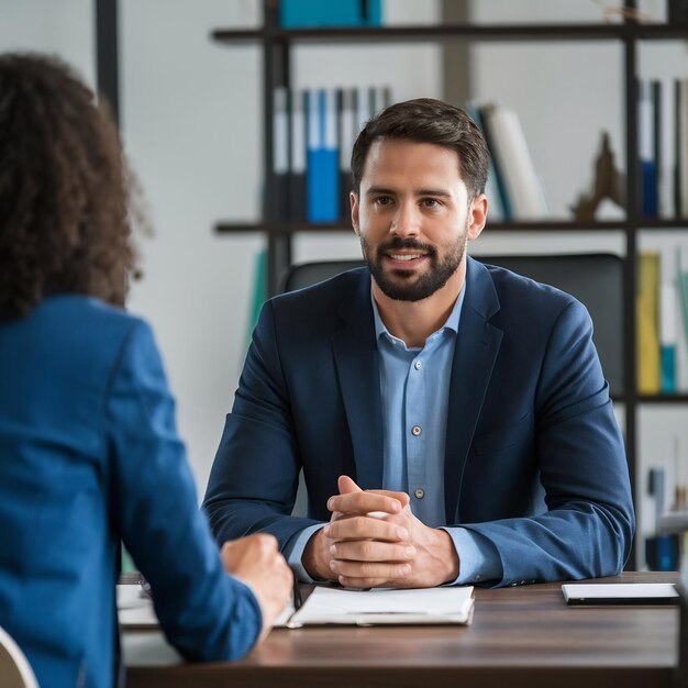 Foto homem de negócios confiante sentado na frente do gerente do escritório a falar com o entrevistador