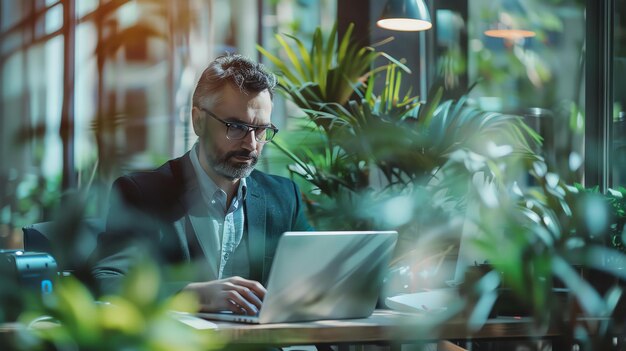 Homem de negócios confiante trabalhando em um laptop em um escritório moderno cercado de vegetação exuberante