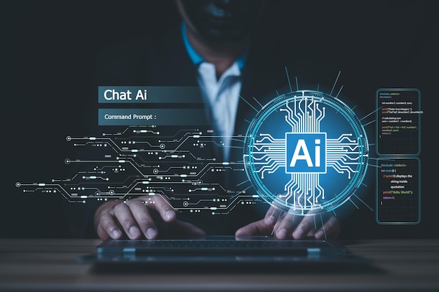 Homem de negócios conversando com IA Inteligência artificial homem usando tecnologia robô inteligente IA inteligência artificial por digitar prompt de comando para gera algo transformação de tecnologia futurista