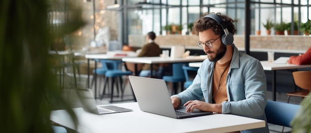 homem de negócios criativo focado com fones de ouvido trabalhando em laptop em espaço de coworking