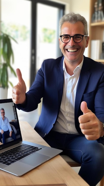 Foto homem de negócios cumprimentando colegas em videoconferência através de laptop em casa
