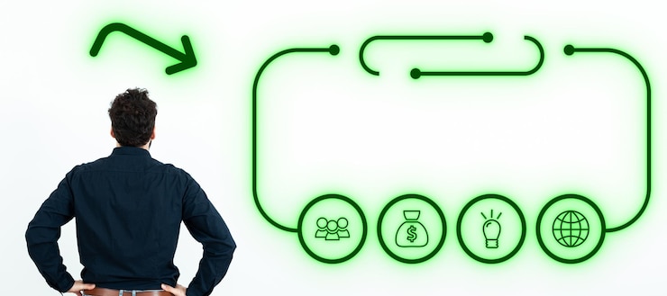 Foto homem de negócios de camisa de escritório preta está de costas para a parede branca futurista design digital apresenta novas tecnologias do futuro brilho colorido