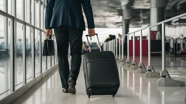 Homem de negócios de costas e pernas a andar com bagagem no aeroporto