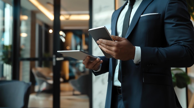 Homem de negócios de fato usando dois tablets no escritório