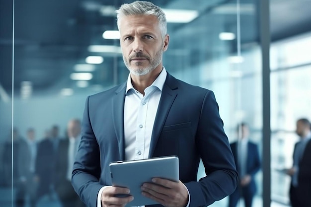homem de negócios de meia-idade feliz CEO vestindo terno de pé no escritório usando mesa digital