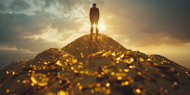 Foto homem de negócios de pé no topo de uma montanha de moedas de ouro olhando para o pôr do sol