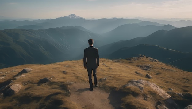 Homem de negócios de pé no topo de uma montanha e olhando para a distância