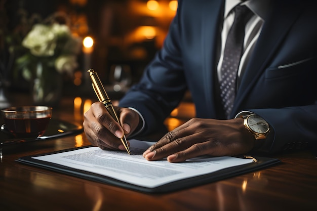 Homem de negócios de terno assina um contrato para a compra de uma propriedade