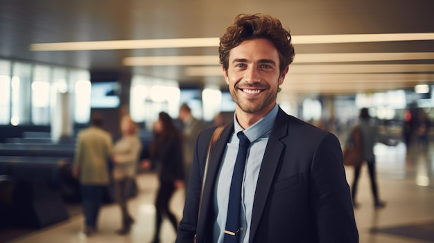 Foto homem de negócios de terno contra o fundo do aeroporto criado com tecnologia de ia generativa