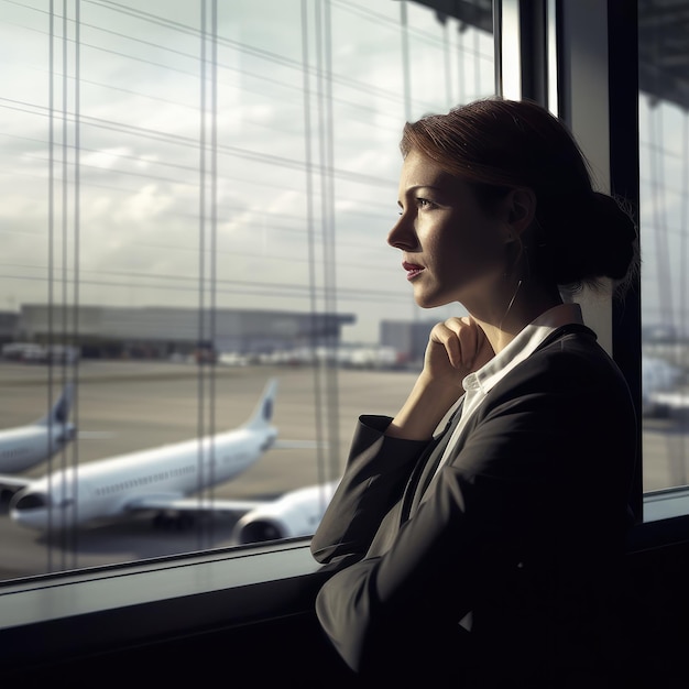 Homem de negócios do aeroporto que olha para fora de uma janela grande do terminal do aeroporto nos aviões generative ai