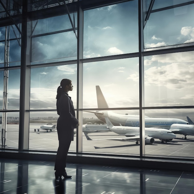 Homem de negócios do aeroporto que olha para fora de uma janela grande do terminal do aeroporto nos aviões generative ai