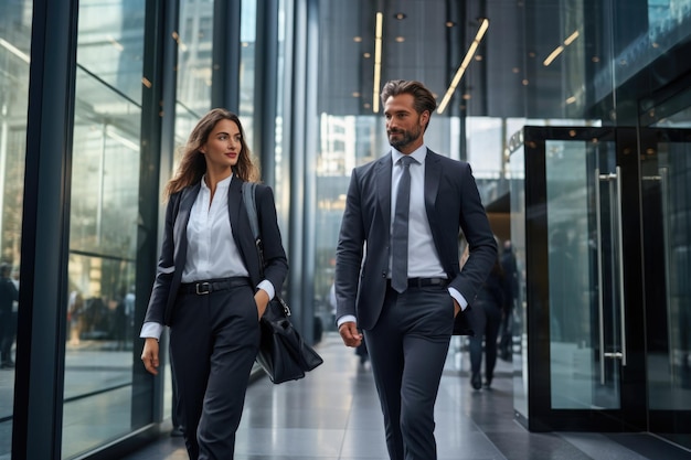 Homem de negócios e mulher a sair do edifício de escritórios
