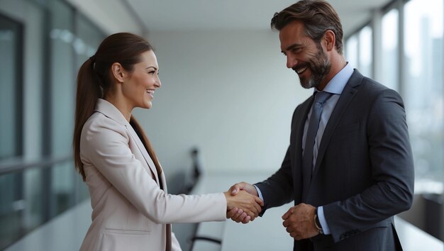 Homem de negócios e mulher de negócios fizeram um acordo e apertaram as mãos.