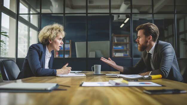 Homem de negócios e mulher de negócios sentados à mesa e discutindo o projeto