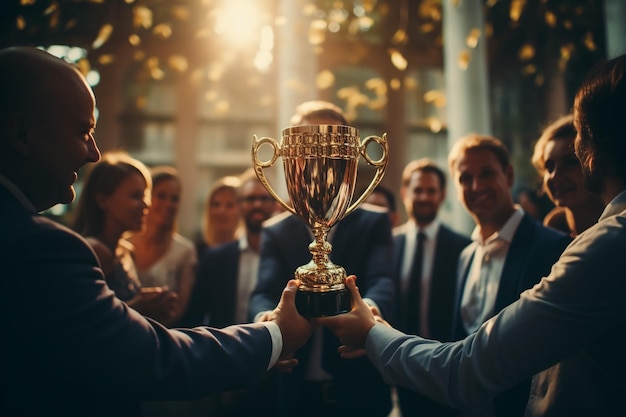 Homem de negócios e mulher segurando o conceito de equipe de celebração de sucesso de troféu