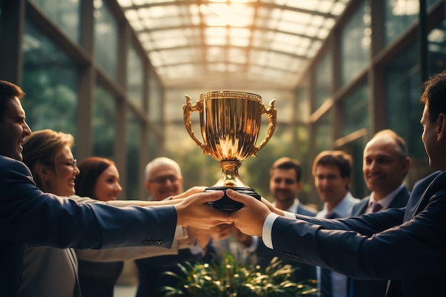 Homem de negócios e mulher segurando troféus celebração de sucesso conceito de equipe