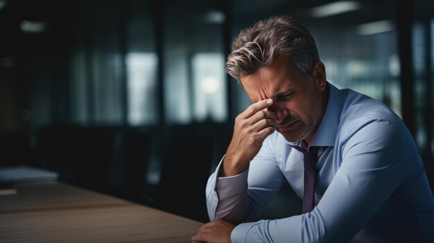 Homem de negócios em depressão sentado em seu escritório de trabalho segurando a cabeça com a mão sofrendo de estresse por excesso de trabalho ou perda de emprego